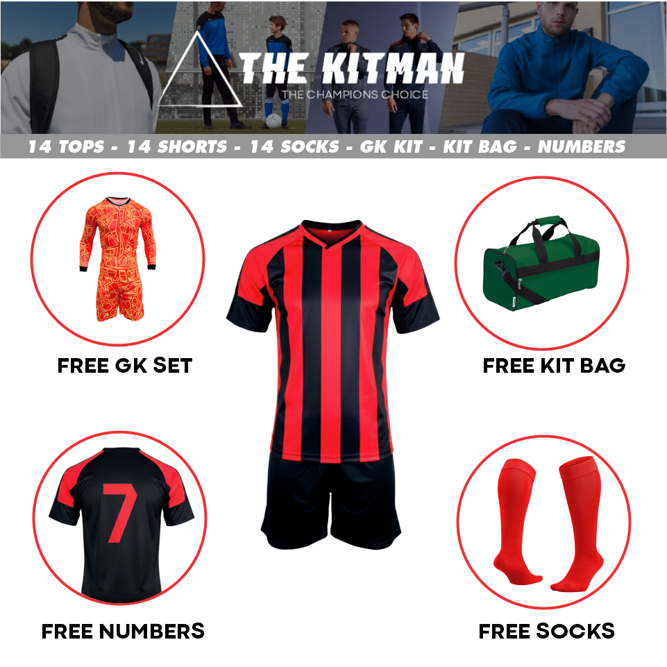 Mitzuma Argentina Soccer Kit - Black and Red | Striped Sublimated Team Set with Kit Bag 1 Mitzuma Argentina Soccer Kit - Black and Red