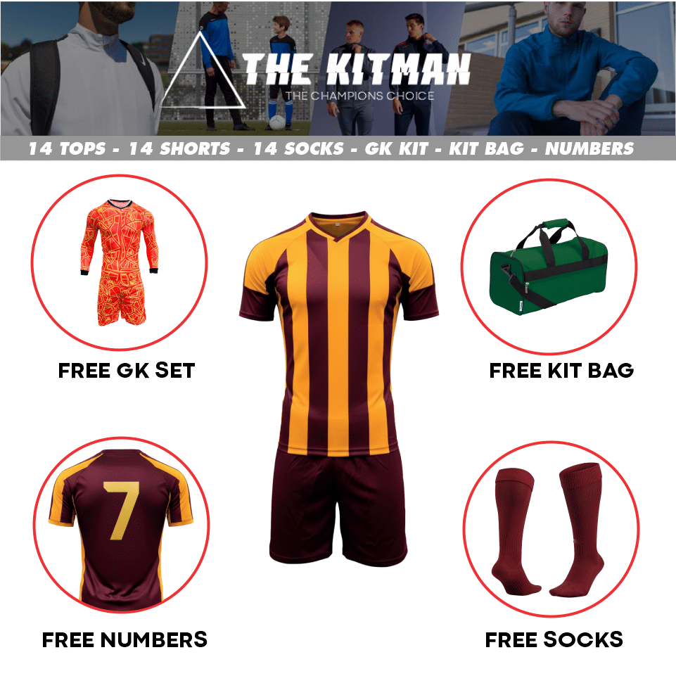 Mitzuma Argentina Soccer Kit - Maroon and Gold | Striped Sublimated Team Set with Kit Bag 1 Mitzuma Argentina Soccer Kit in Maroon and Gold with Kit Bag