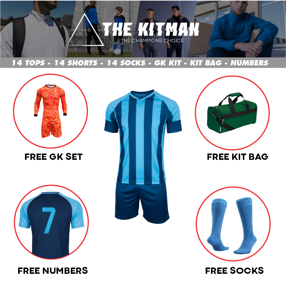 Mitzuma Argentina Soccer Kit – Navy and Sky | Striped Sublimated Team Set with Kit Bag