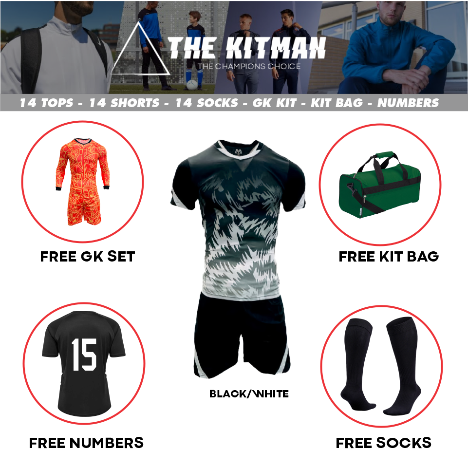 Mitzuma Morocco Team Kit – Black/White Football Strip (14 Player + Goalkeeper)