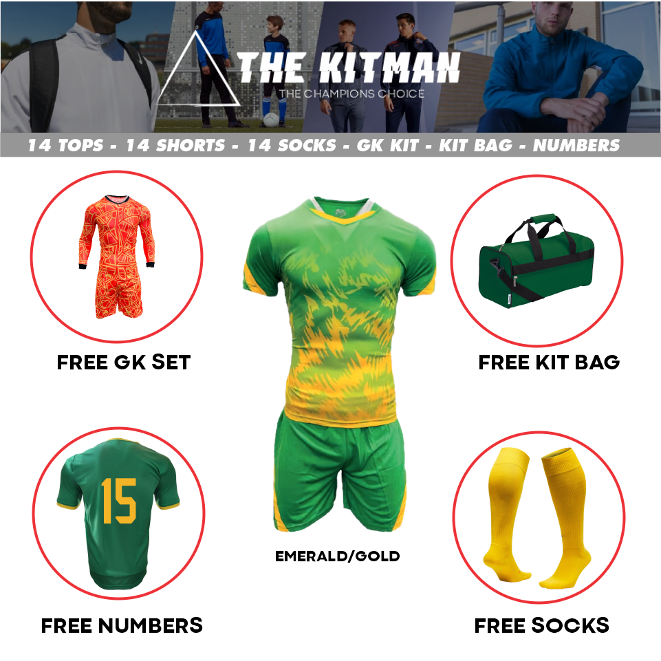Mitzuma Morocco Team Kit – Emerald/Gold Football Strip (14 Player + Goalkeeper)