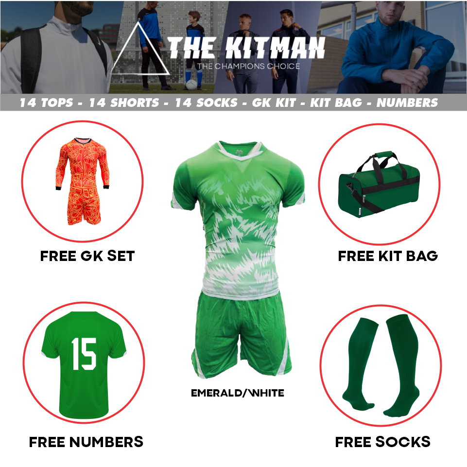 Mitzuma Morocco Team Kit – Emerald/White Football Strip (14 Player + Goalkeeper)