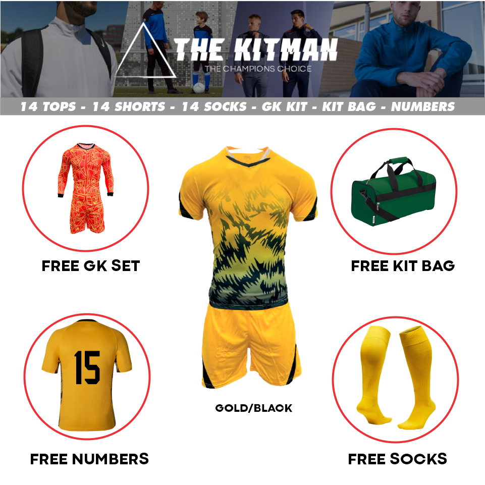 Mitzuma Morocco Team Kit – Gold/Black Football Strip (14 Player + Goalkeeper)