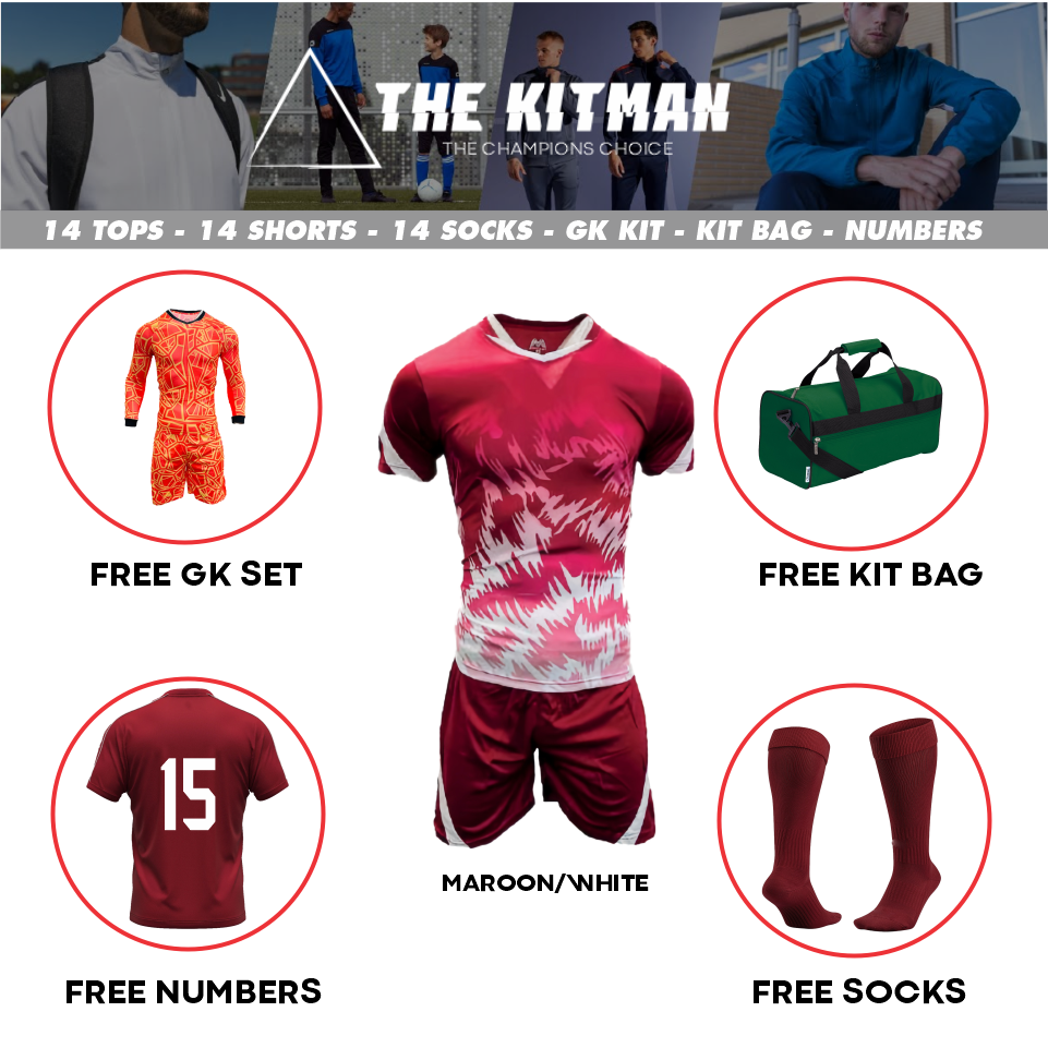 Mitzuma Morocco Full 14-Player Soccer Kit For Sale | Sublimated Maroon & White